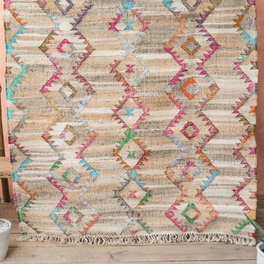 Multi Colour Large Diamond Cotton & Hemp Kilim Rug - R17558 - Uneeka