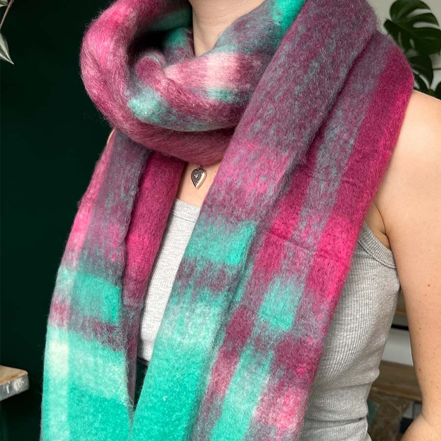 Multi Colour Raspberry & Green Check Scarf* - SKB002C06 - Uneeka