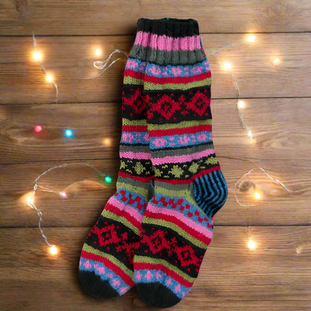 Multi Colour & Red Diamond Wool Socks - SOCK394 - Uneeka