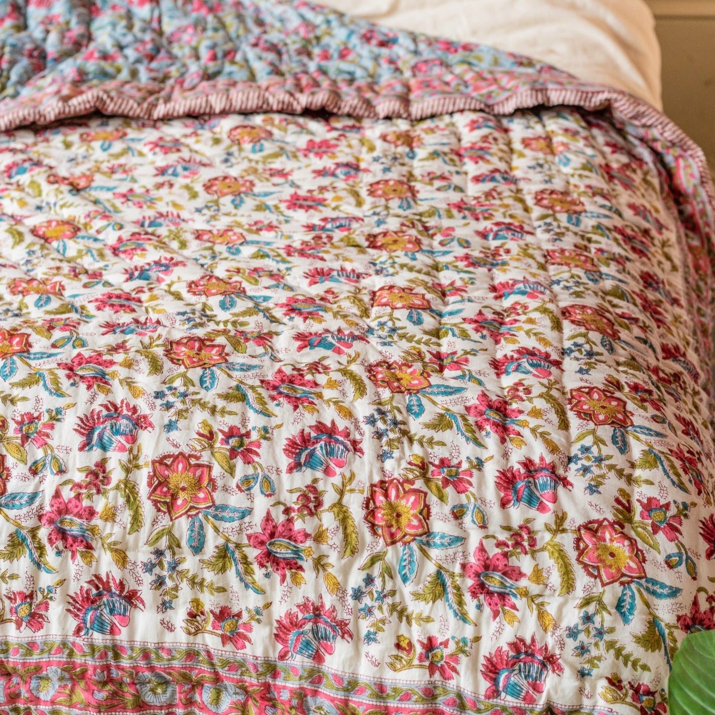 Multi White & Blue Floral Blockprint Reversible Double Quilt - Sophie's Pick - Q134 - Uneeka