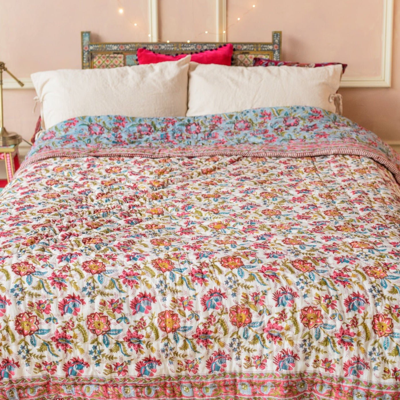 Multi White & Blue Floral Blockprint Reversible Double Quilt - Sophie's Pick - Q134 - Uneeka