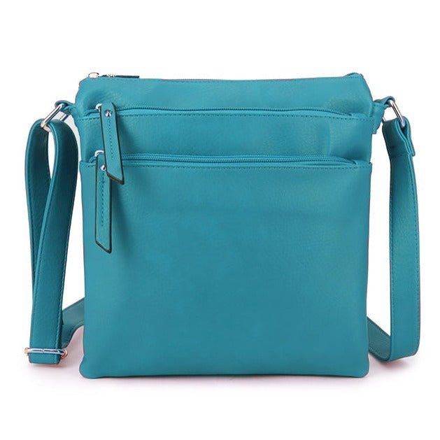 Multiple Zipped Compartment Faux Leather Shoulder Bag - A1638 - TEAL - Uneeka