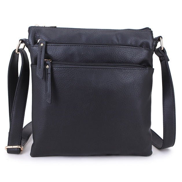 Multiple Zipped Compartment Faux Leather Shoulder Bag - A1638 - BLACK - Uneeka