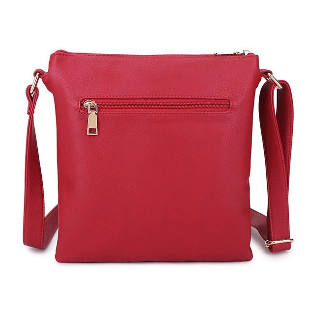 Multiple Zipped Compartment Faux Leather Shoulder Bag - A1638 - RED - Uneeka