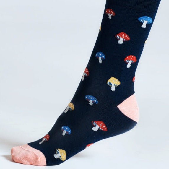 Mushroom Pattern Bamboo Socks - SPW997 - Navy - Uneeka