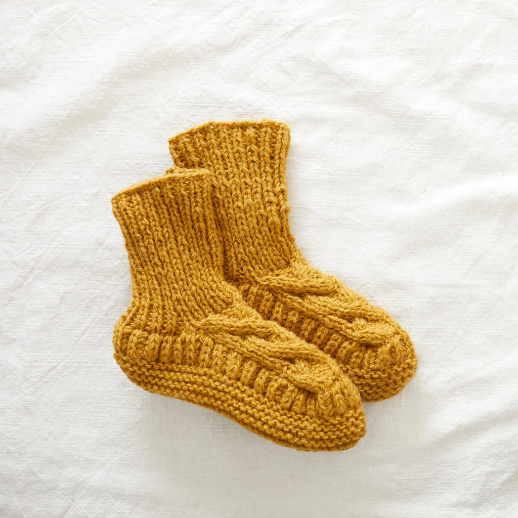 Mustard Yellow Cable Knit Lined Wool Slipper Socks - 124YEL - S - Uneeka