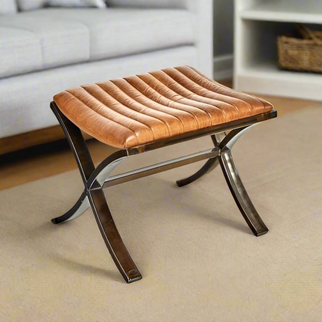 Narwana Ribbed Leather Foot Stool - NS1201 - Uneeka