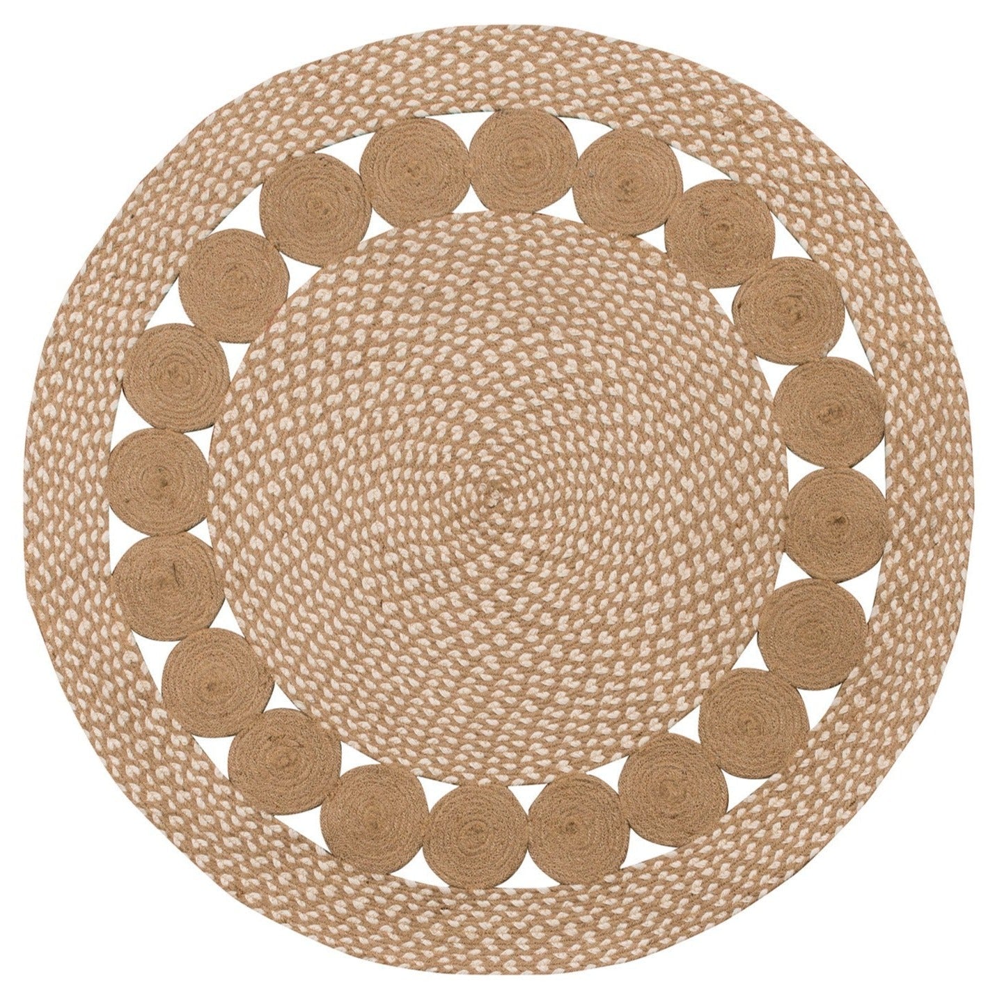 White Design Round Rug Natural & White Round Cotton & Jute Circles Rug | 90/120cm | Uneeka