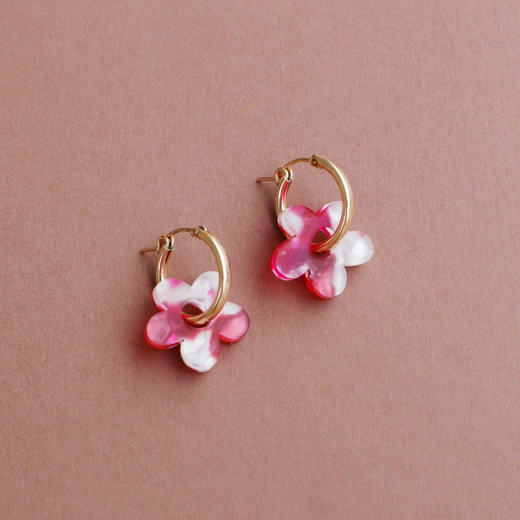 Nina Raspberry Flower Gold Hoops - LE221107E - Uneeka