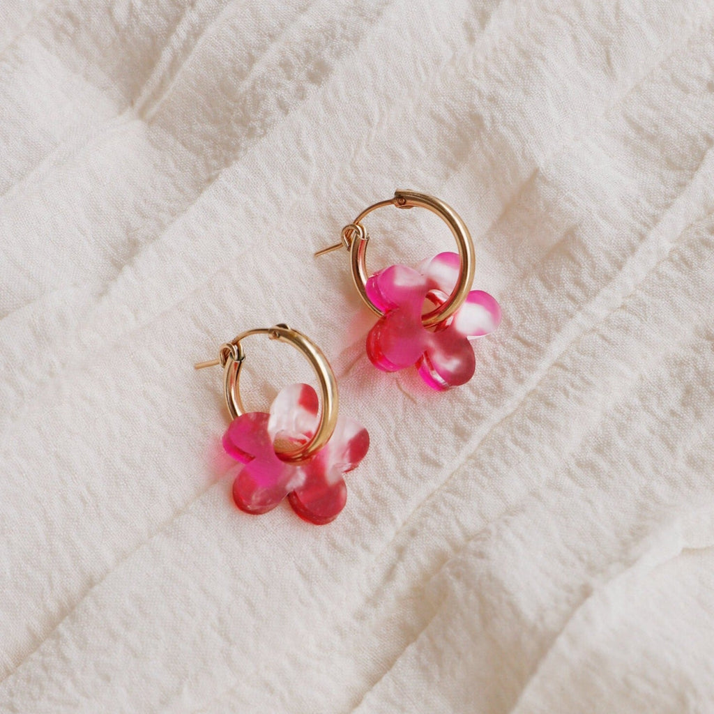 Nina Raspberry Flower Gold Hoops - LE221107E - Uneeka