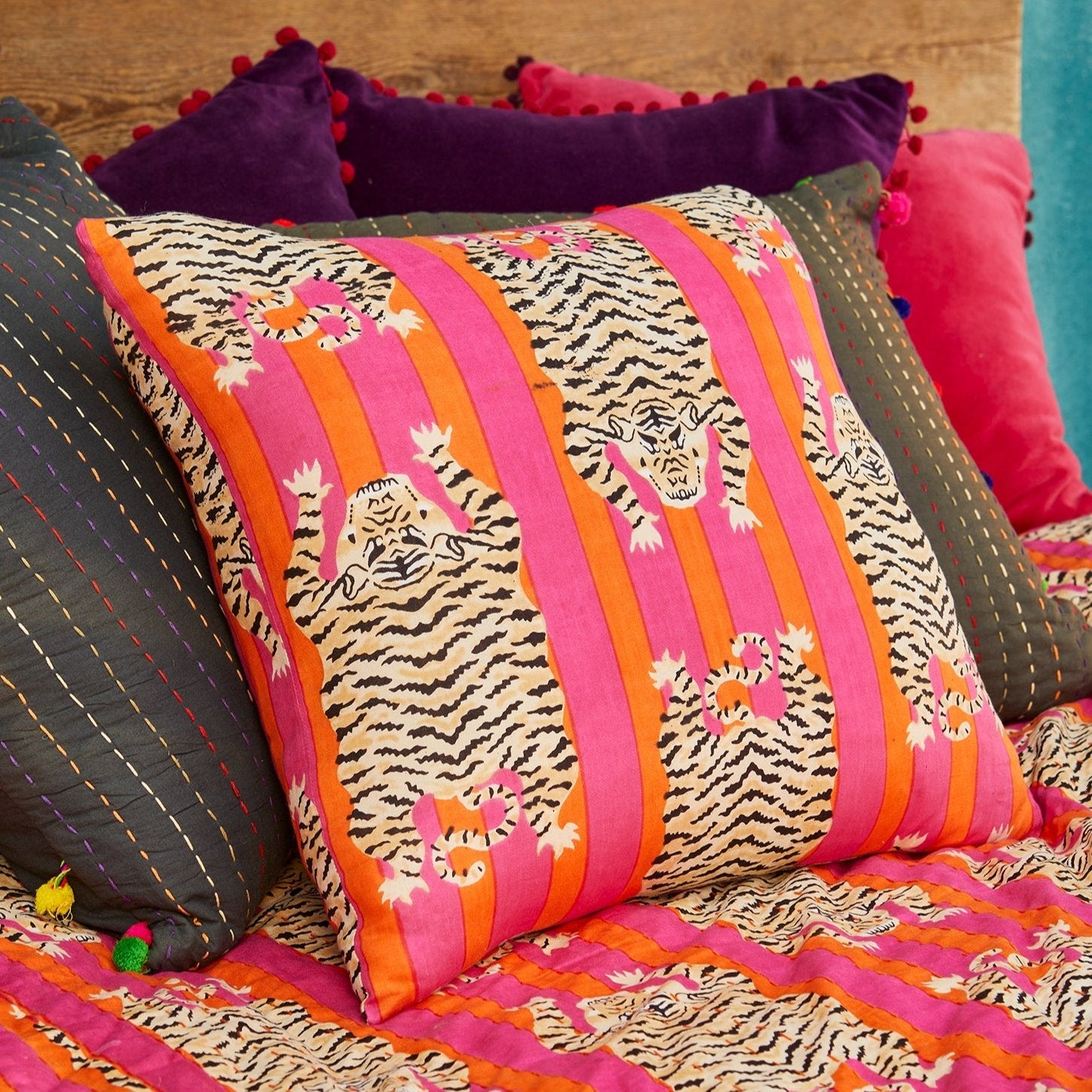 Orange & Pink Stripe Tiger Cushion - CC3 - Uneeka
