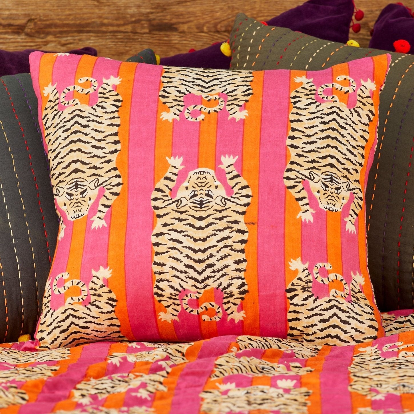 Orange & Pink Stripe Tiger Cushion - CC3 - Uneeka