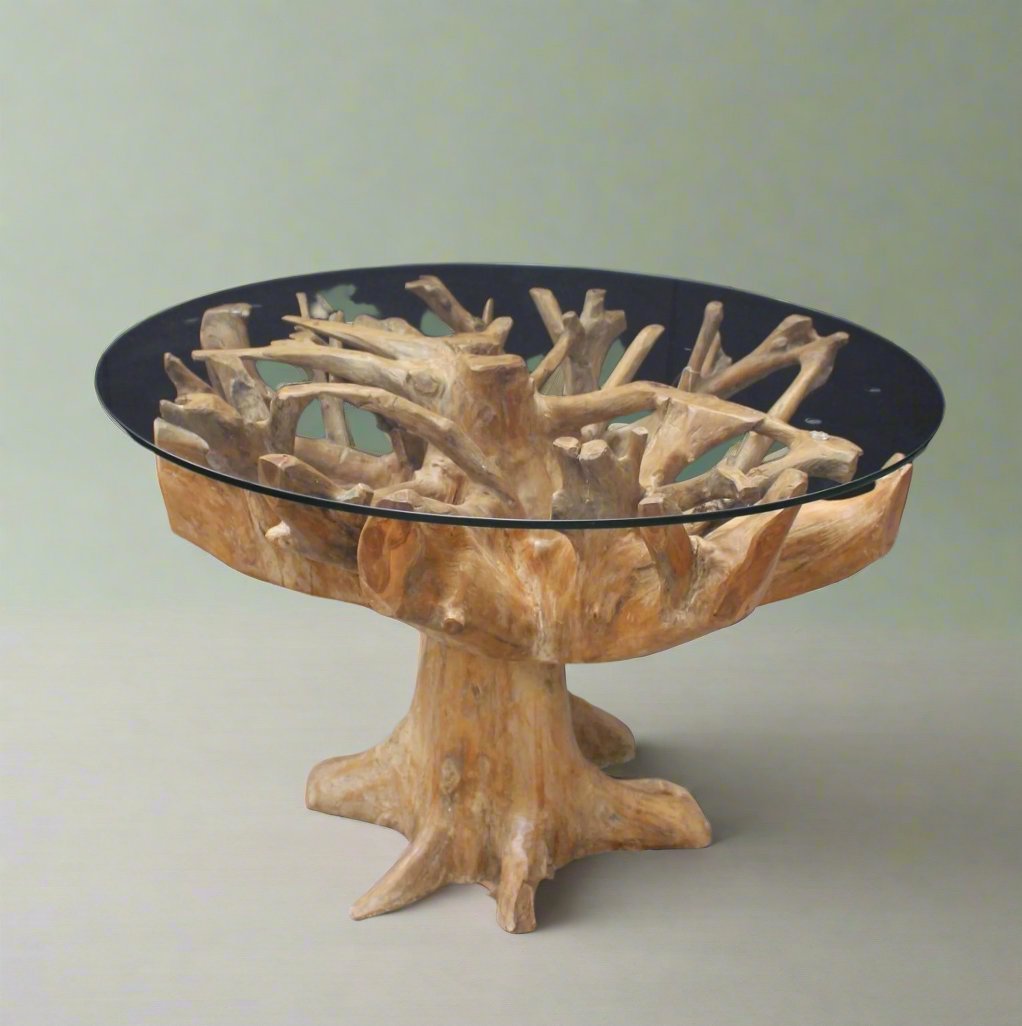Root Table Glass Organic Teak Root Glass Top Dining Table - Uneeka