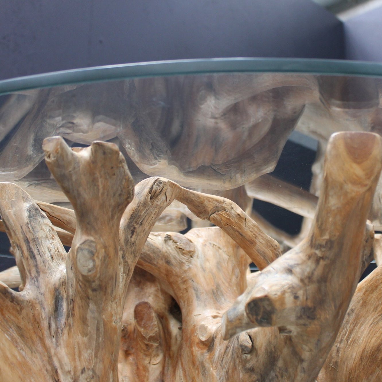 Organic Teak Root Glass Top Dining Table - IS036 - Uneeka