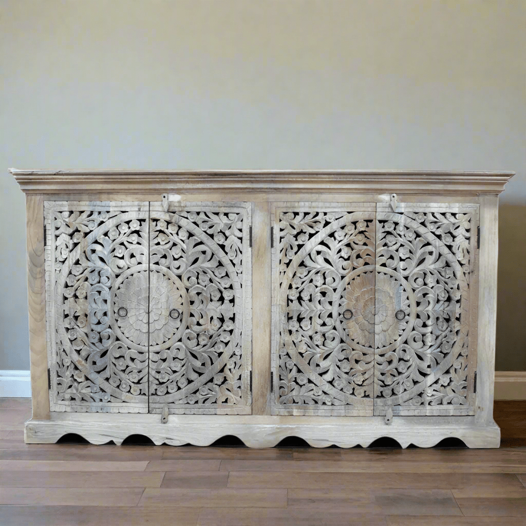 Ornate Mango Wood Carved Four Door Sideboard - 9712 - Uneeka