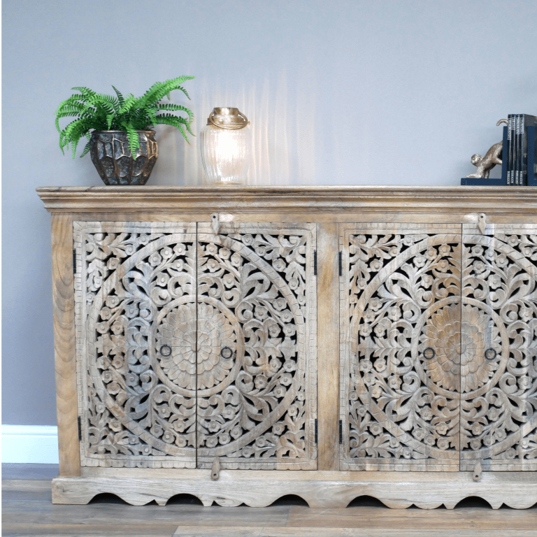 Ornate Mango Wood Carved Four Door Sideboard - 9712 - Uneeka