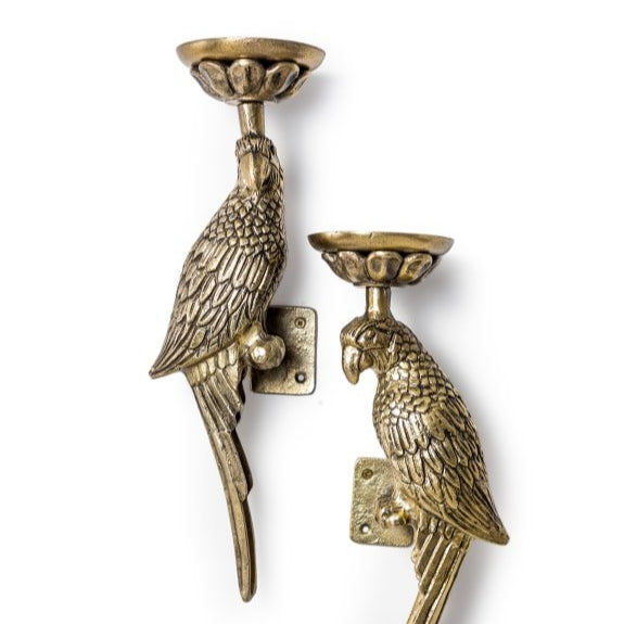 Pair Of Antique Gold Metal Parrot Wall Candle Sconces - AL168 - Uneeka