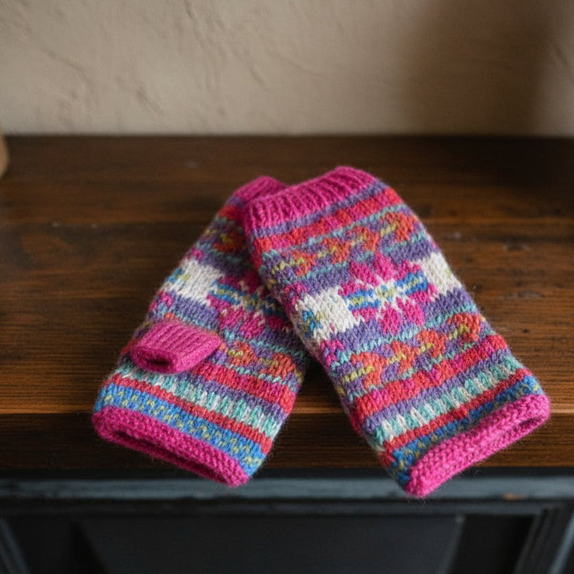 Pair Of Fine Wool Pink Patterned Hand Warmers - HW390 - Uneeka