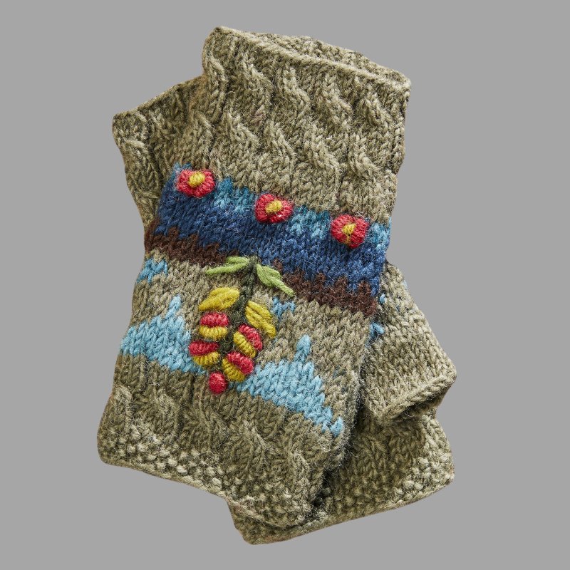 Pair Of Hand Knit Embroidered Leaf Hand Warmers - HW380 - GREEN - Uneeka