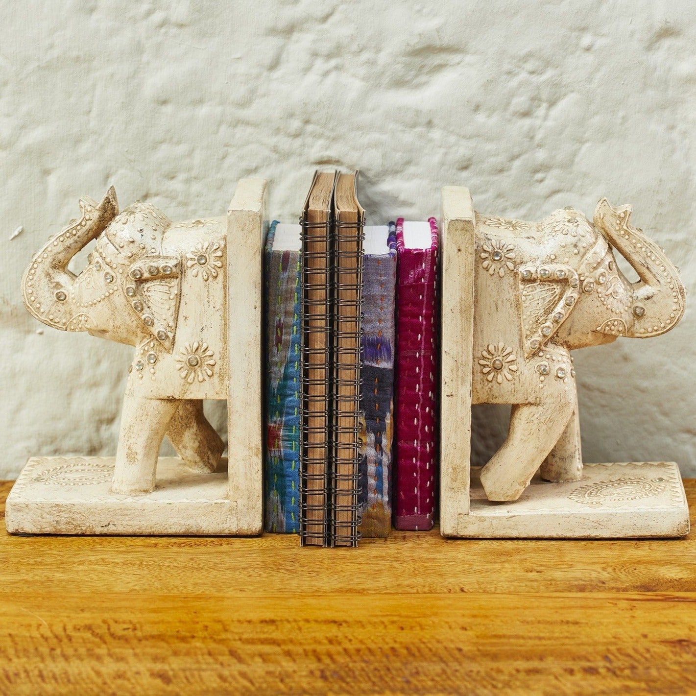 Pair Of Wooden White Finish Elephant Bookends - BKEND5 - Uneeka