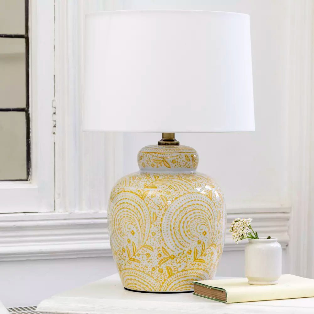 Paisley Yellow Ceramic Table Lamp with Ivory Shade - JIN25067 - Uneeka