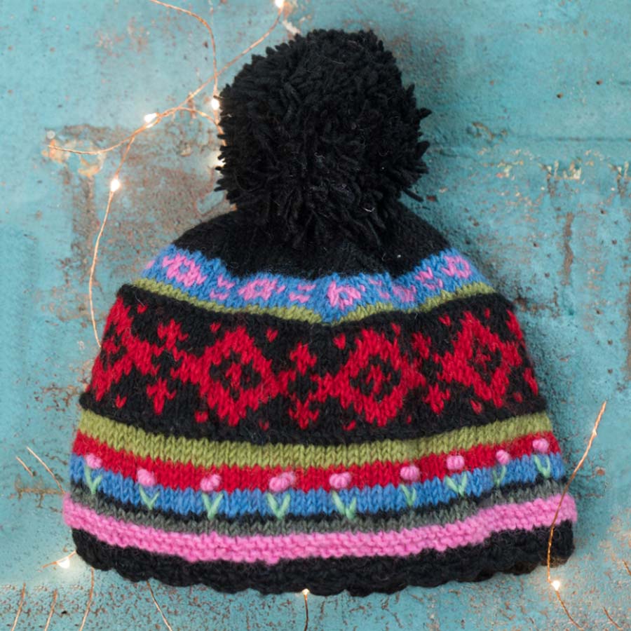 Patterned Black Pom Pom Bobble Hat - H394 - Uneeka