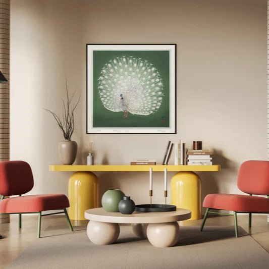 Peacock On Green Framed Print - OFG 30x30 4832 - Uneeka