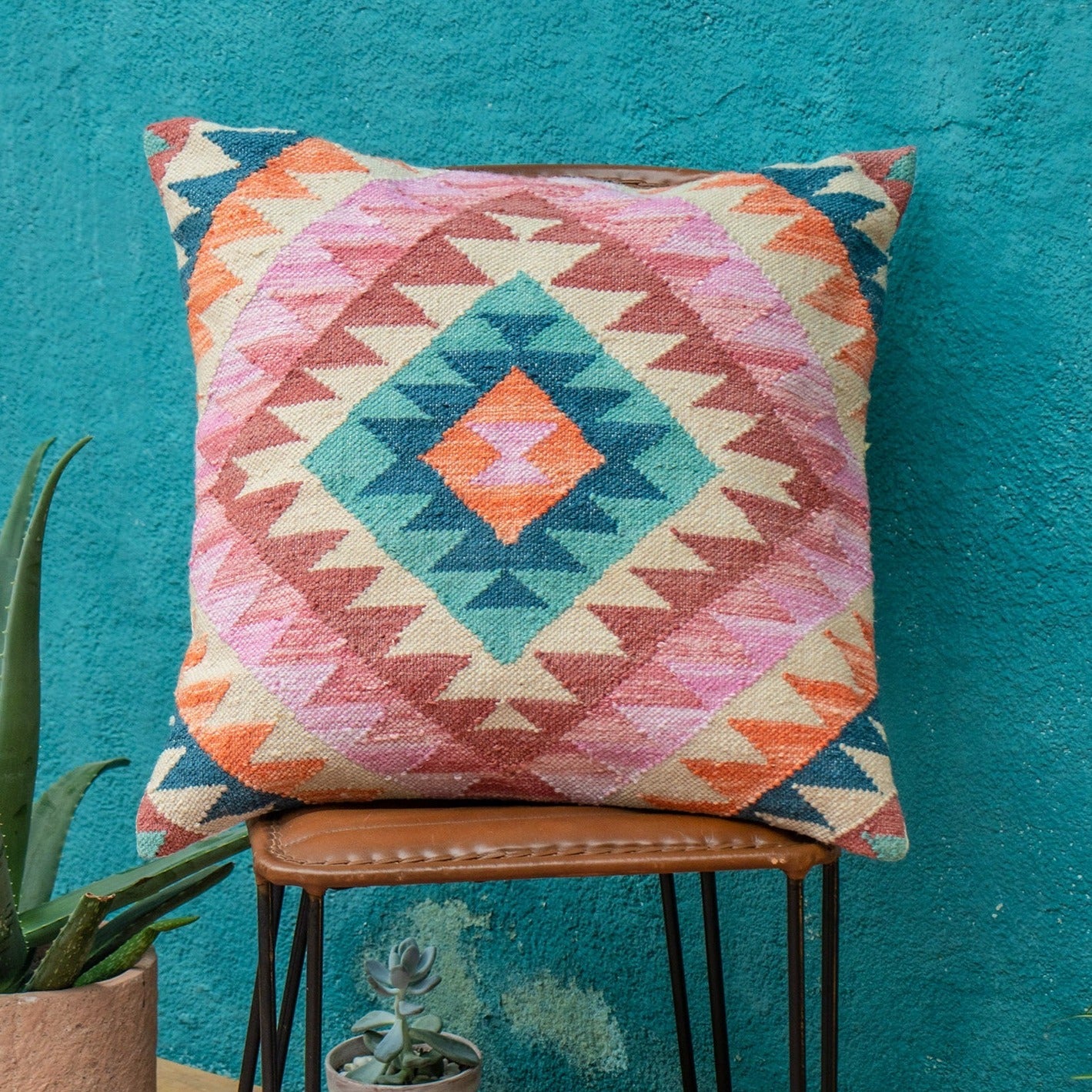 Pink & Blue Diamond Geometric Handloom Kilim Cushion - CC26 - Uneeka