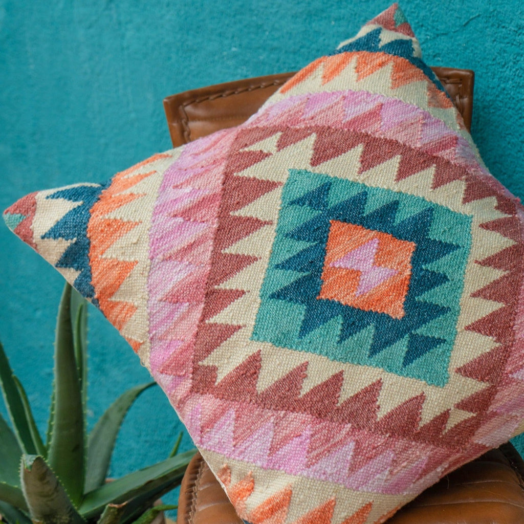 Pink & Blue Diamond Geometric Handloom Kilim Cushion - CC26 - Uneeka