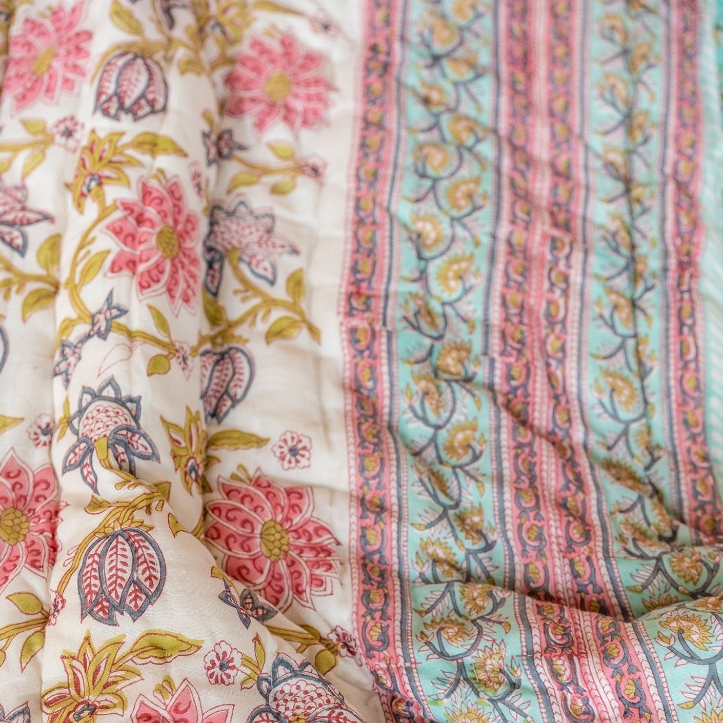 Pink & Blue Floral Blockprint Reversible Double Quilt - Q135 - Uneeka