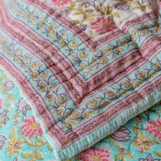 Pink & Blue Floral Blockprint Reversible Double Quilt - Q135 - Uneeka