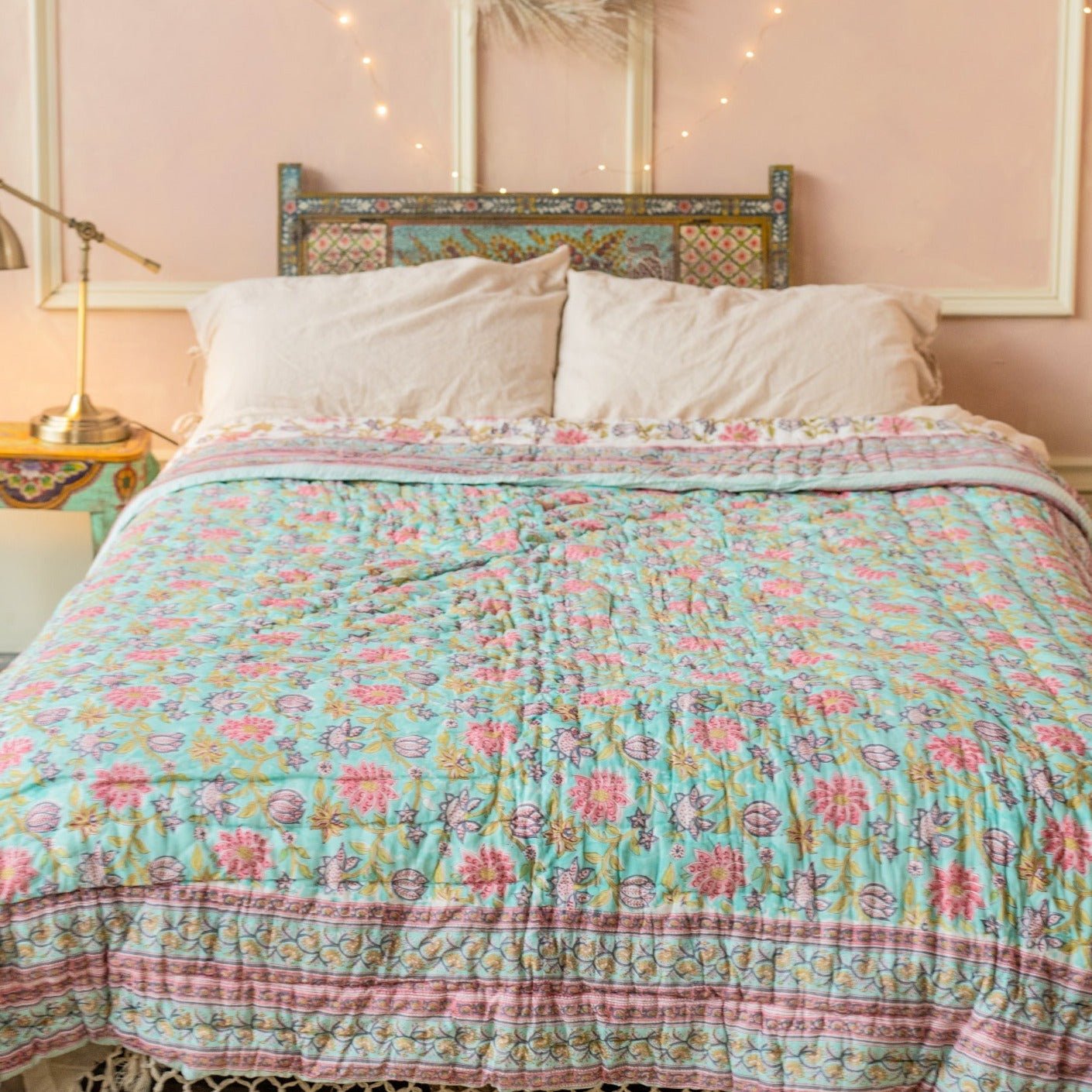 Pink & Blue Floral Blockprint Reversible Double Quilt - Q135 - Uneeka