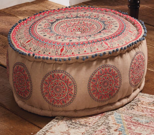 Pink & Grey Mandala Embroidered Cotton Pouffe - PO625 - Uneeka