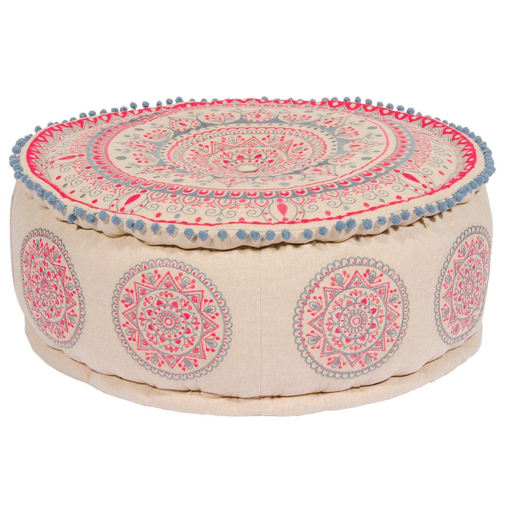 Pink & Grey Mandala Embroidered Cotton Pouffe - PO625 - Uneeka