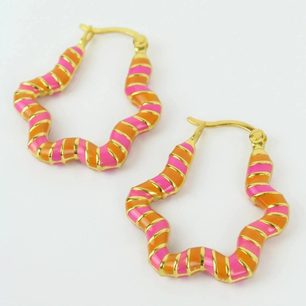 Pink & Orange Wavy Enamel Gold Hoops - PINK ENAMEL WAVY GOLD HOOPS - Uneeka