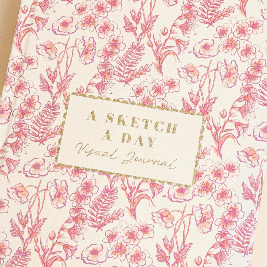 'A Sketch a Day' pink floral pink open notebook with floral design on a beige background 79990 Uneeka