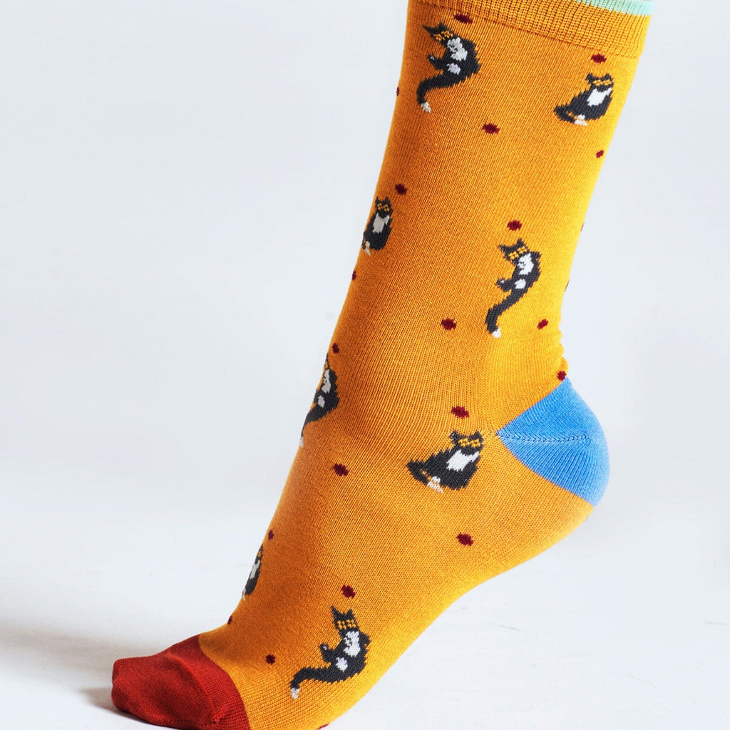 Playful Black Cat Bamboo Socks - SPW994 - YELLOW - Uneeka