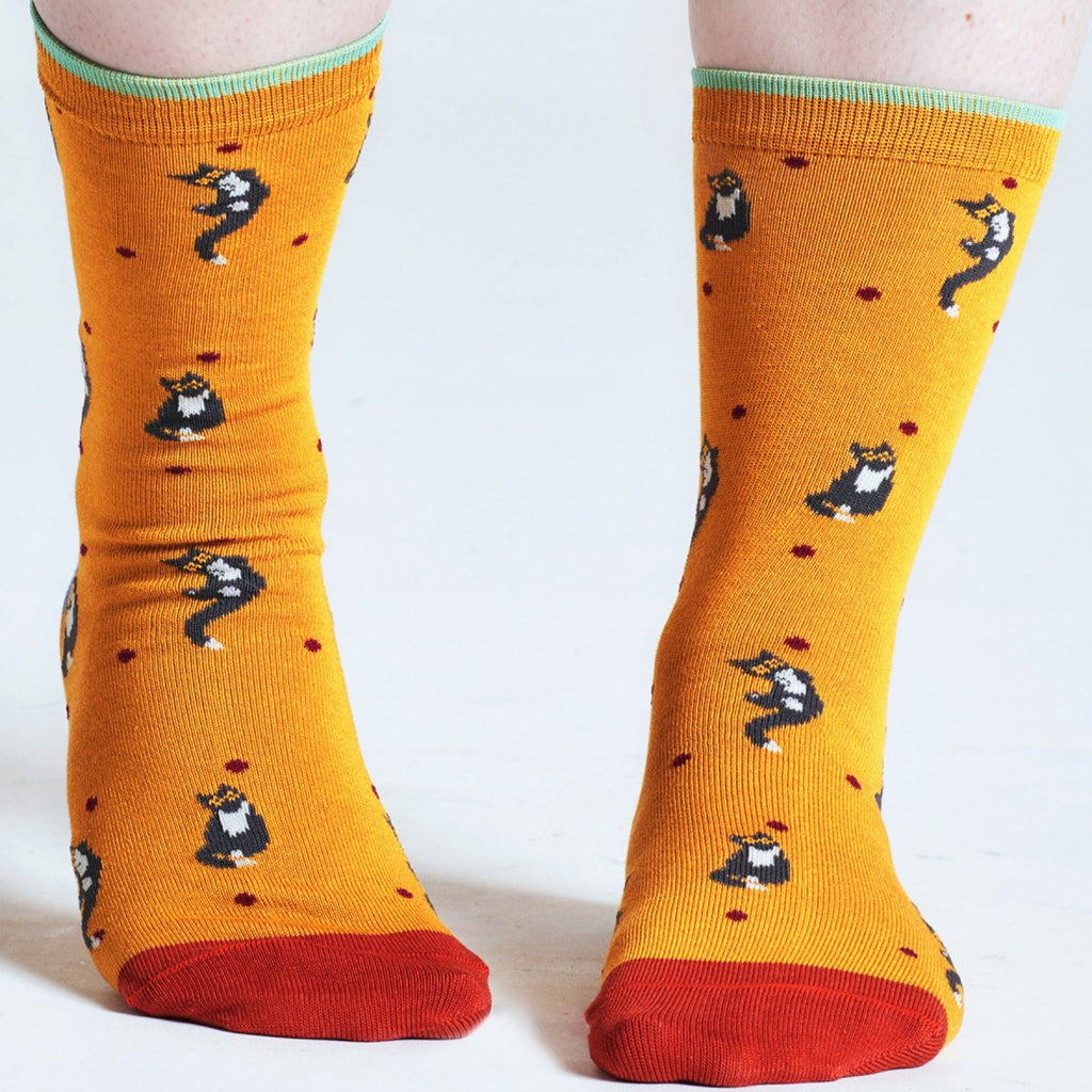 Playful Black Cat Bamboo Socks - SPW994 - YELLOW - Uneeka