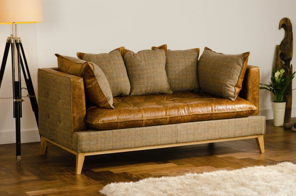 Portman Harris Tweed & Brown Cerato Aniline Leather Sofa - 1045 2 - Uneeka