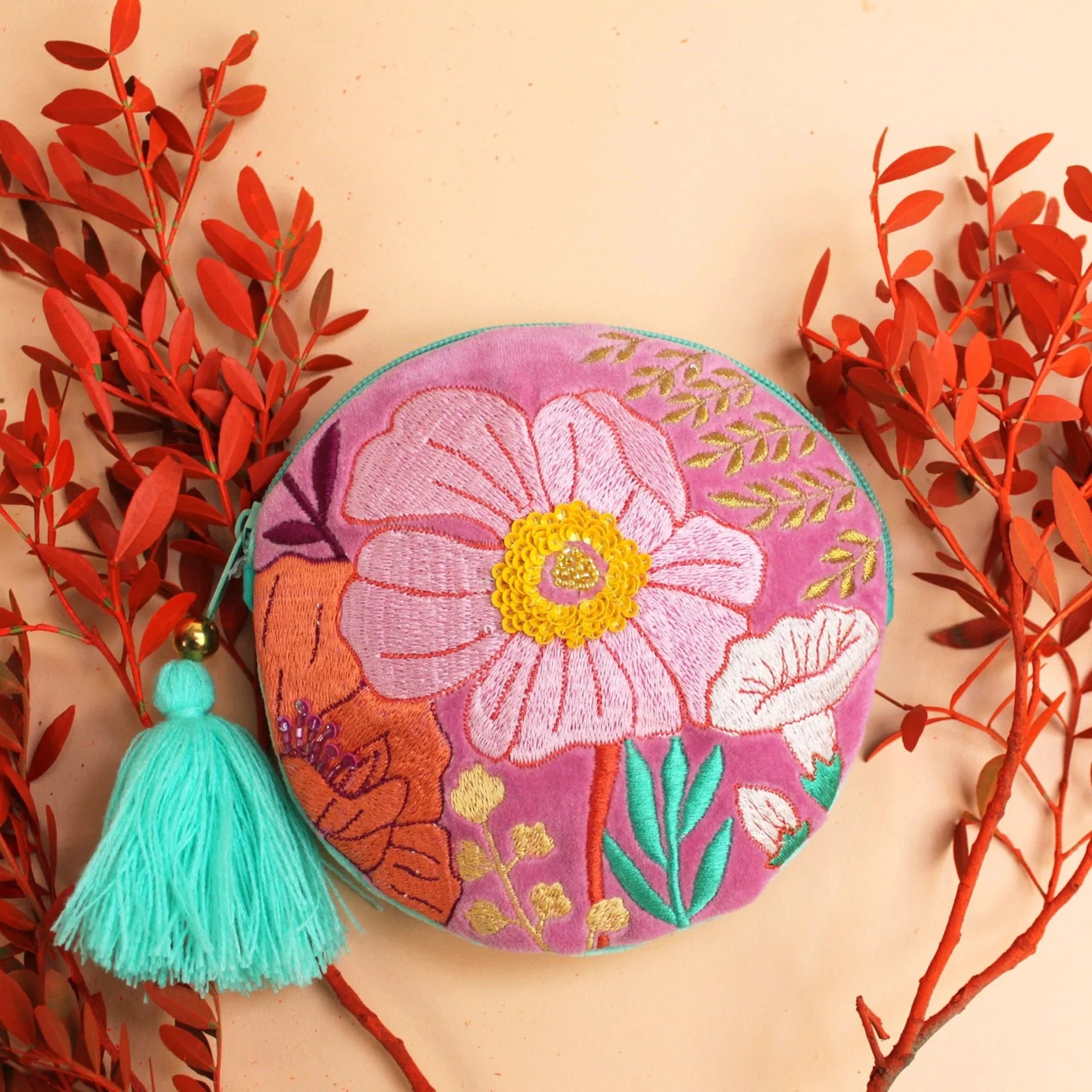 Pink Poese Embroidered Pink Floral Velvet Round Purse | Zipped Pouch | Uneeka
