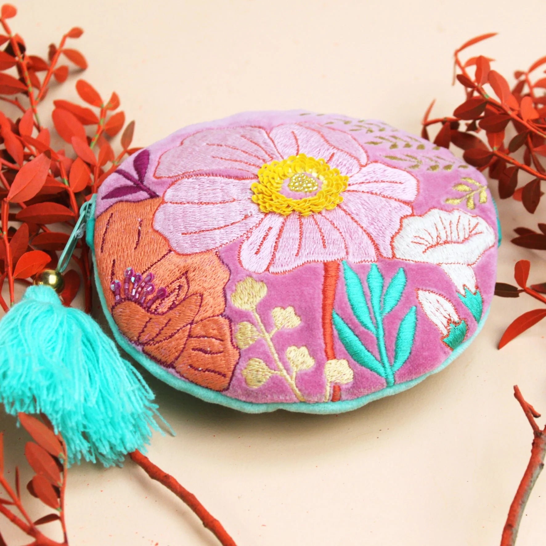Embroidered Pink Floral Round Purse - PORNDHPK001 - Uneeka