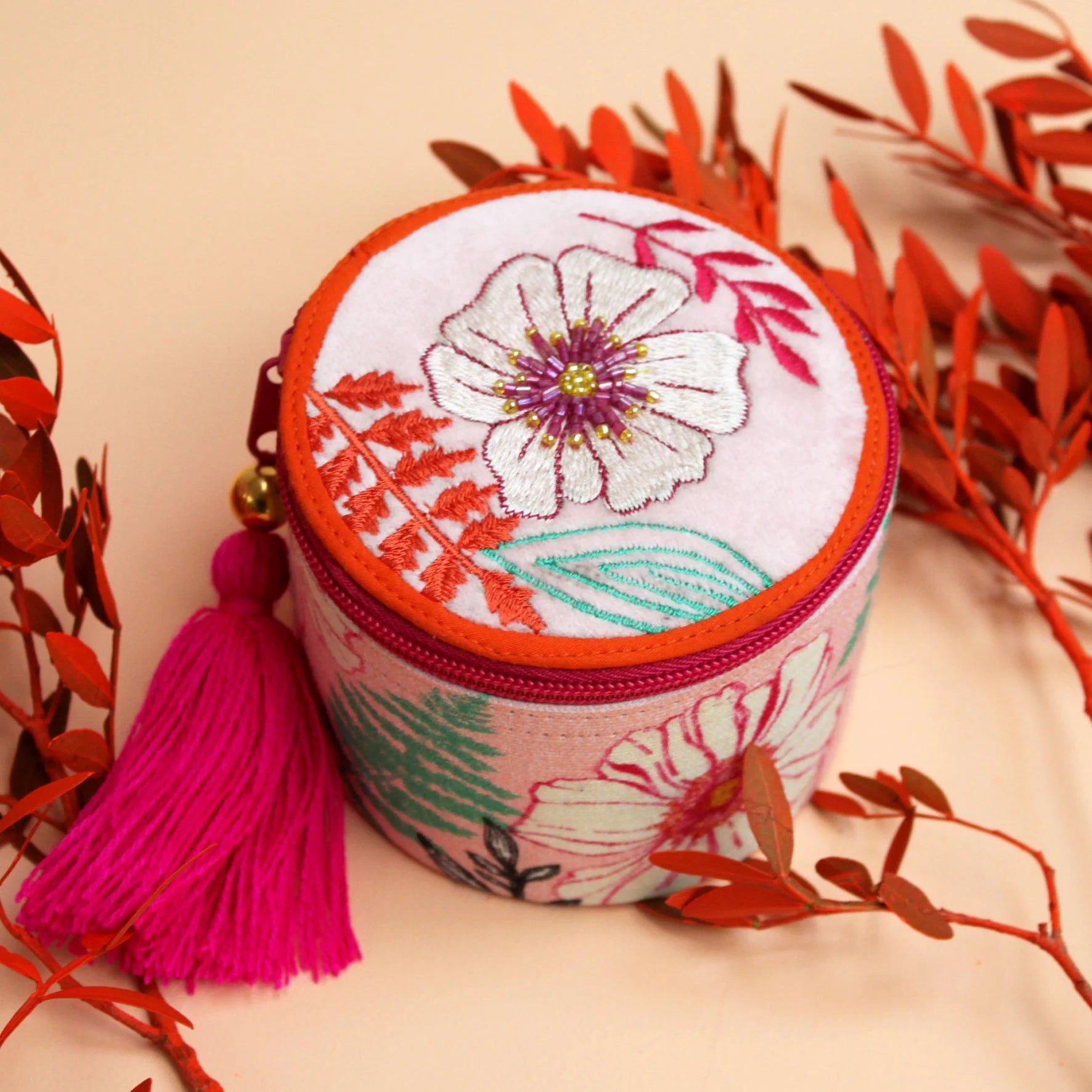 Embroidered Pink Floral Trinket Box - POBOXLPK001 - Uneeka