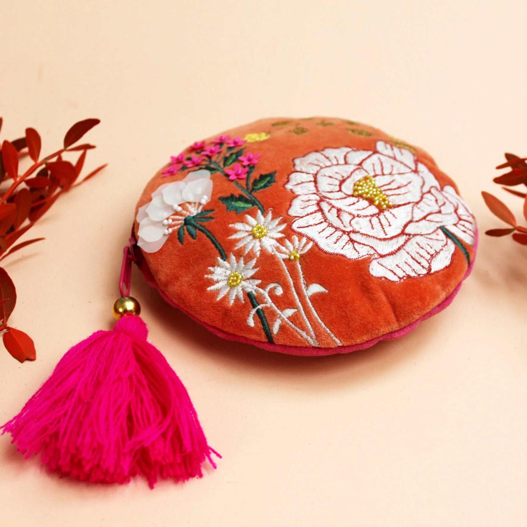 Embroidered Orange Floral Round Purse - PORNDORA001 - Uneeka