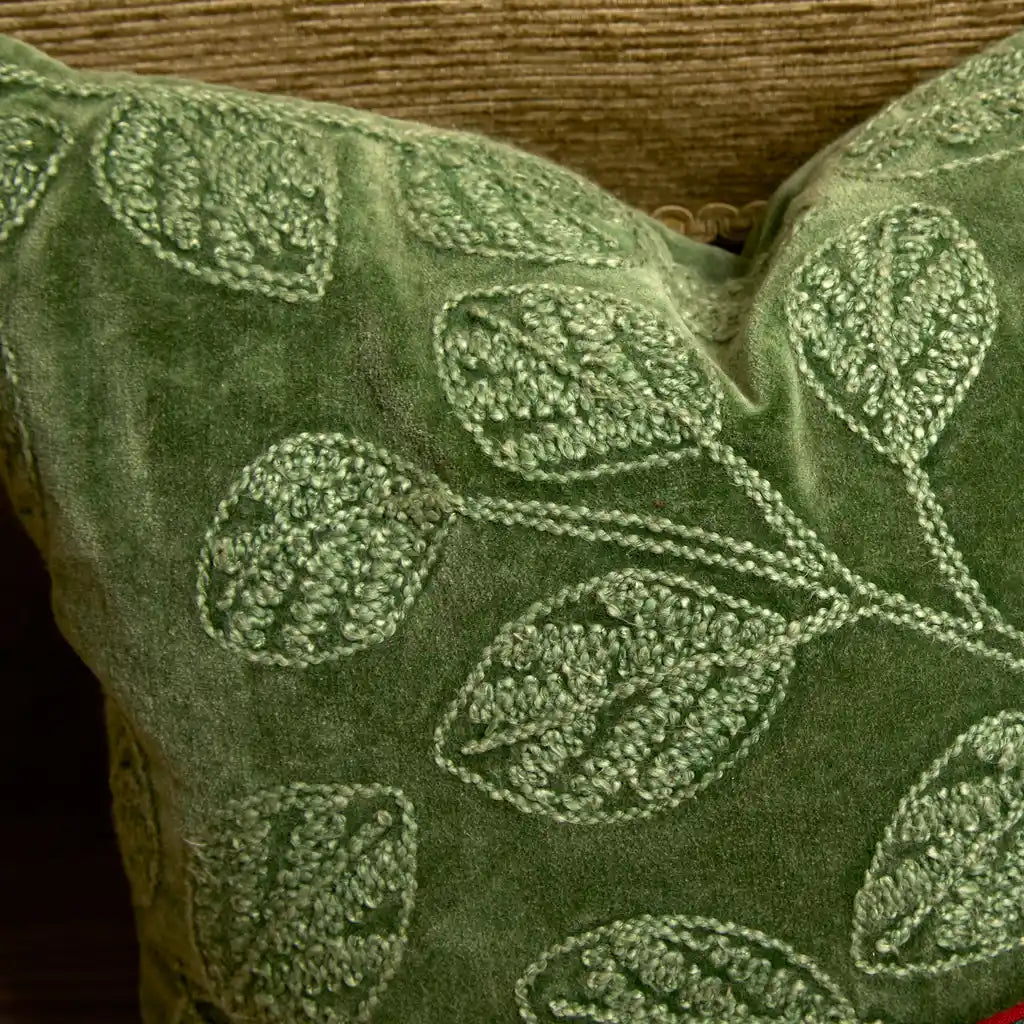 Green Velvet Embroidered Leaf Cushion - VVCEL-F - Uneeka