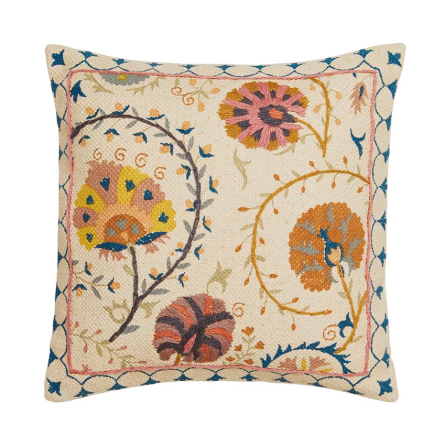 Printed Cream Cushion with Suzani Embroidery - CCL193 - Uneeka