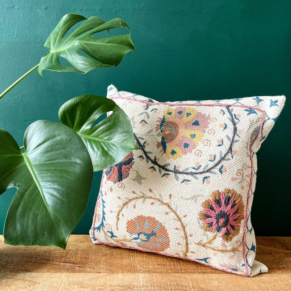 Printed Cream Cushion with Suzani Embroidery - CCL193 - Uneeka