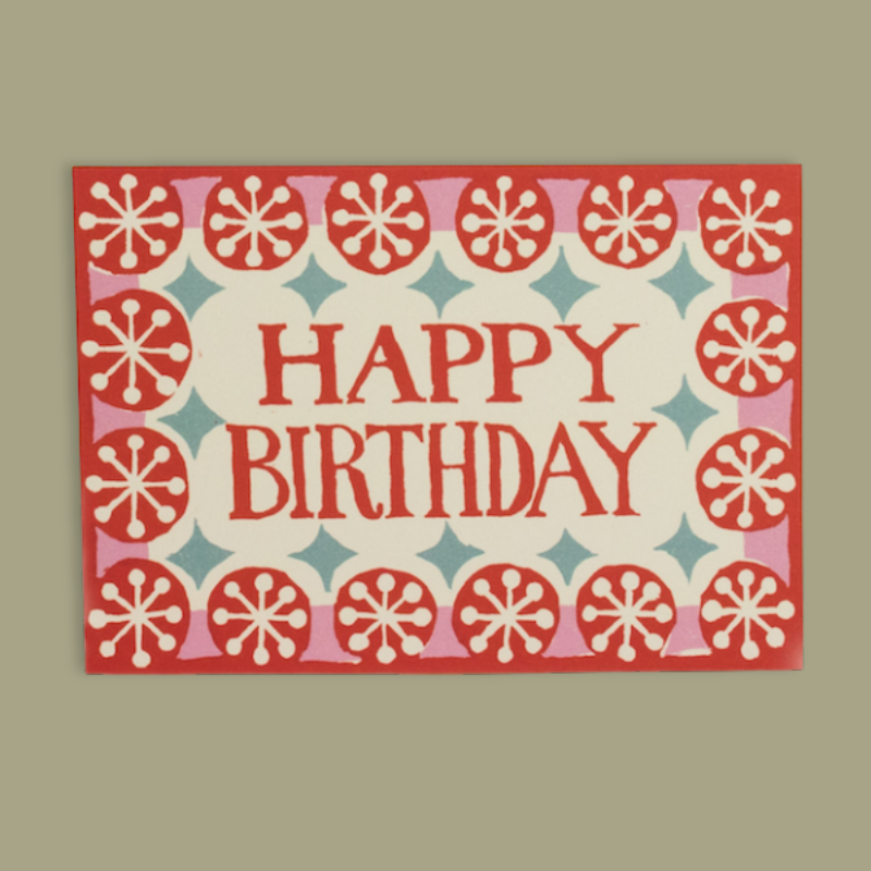 Happy Birthday Patterned Pink Border Greetings Card - CRDA6 HBY coral - Uneeka