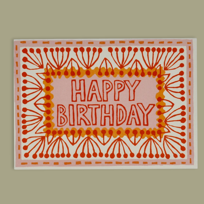 Happy Birthday Patterned Orange Border Greetings Card - CRDA6 HB neon - Uneeka