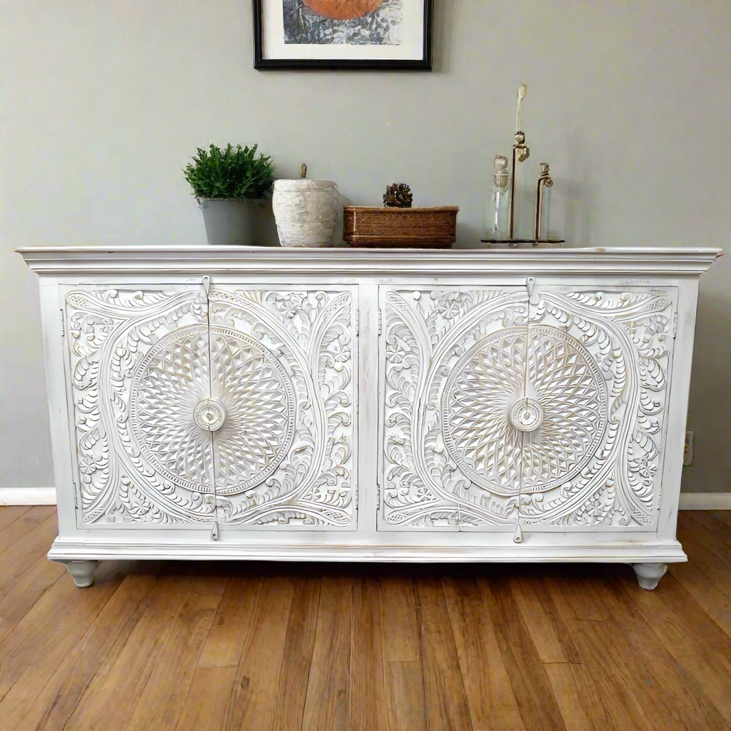 Ornate White Wash Engraved Four Door Sideboard - 10202 - Uneeka