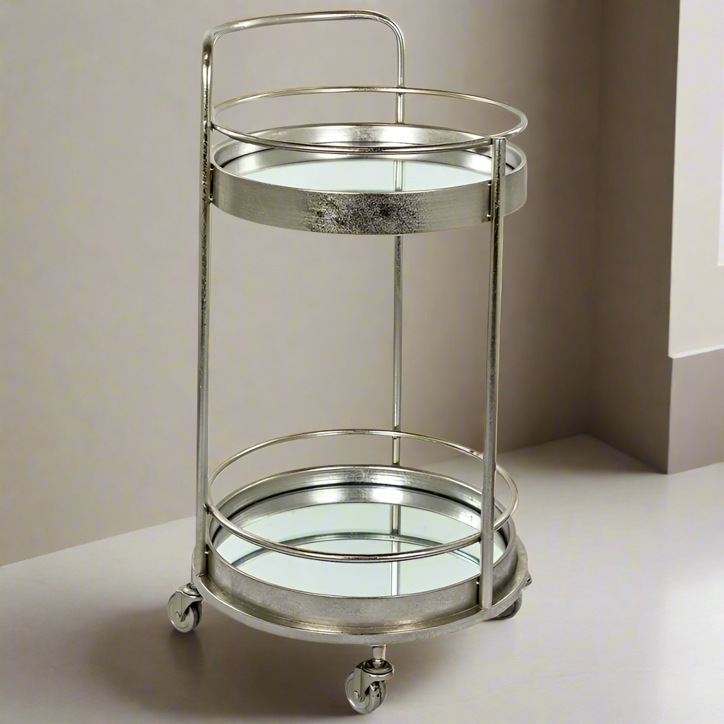 Antique Silver Metal Small Round Bar Trolley - JRG29 - Uneeka